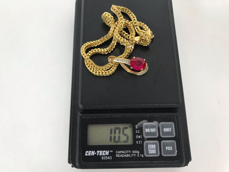 14K Yellow Gold Chain With 14K Yellow Gold Synthetic Ruby And Diamonds Pendant 10.5g [Photo 11]