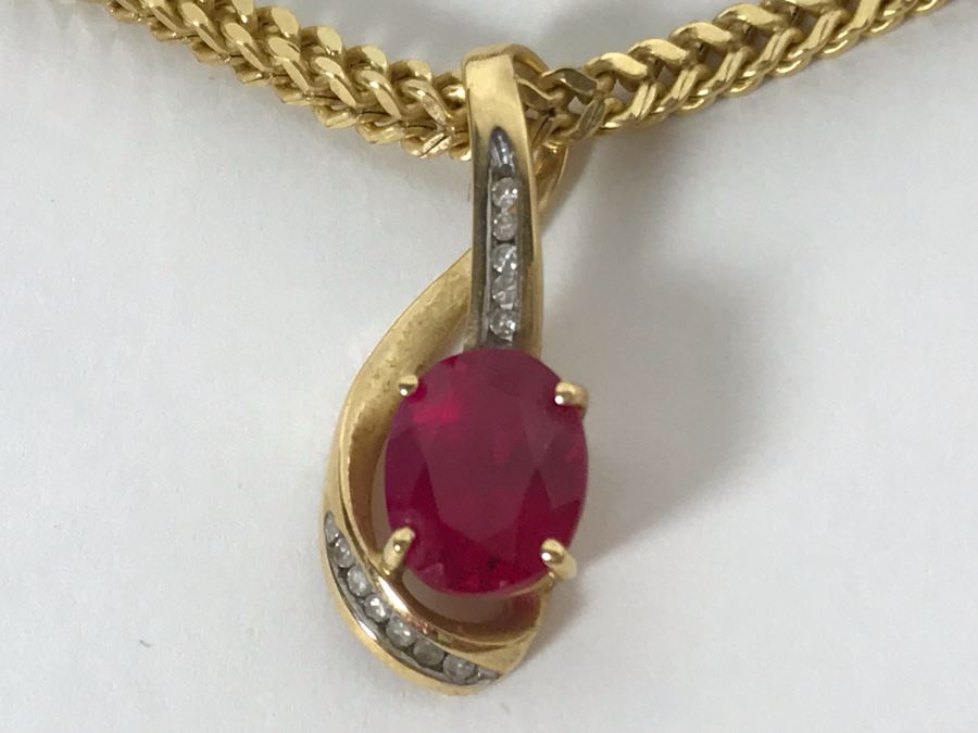 14K Yellow Gold Chain With 14K Yellow Gold Synthetic Ruby And Diamonds Pendant 10.5g [Photo 6]