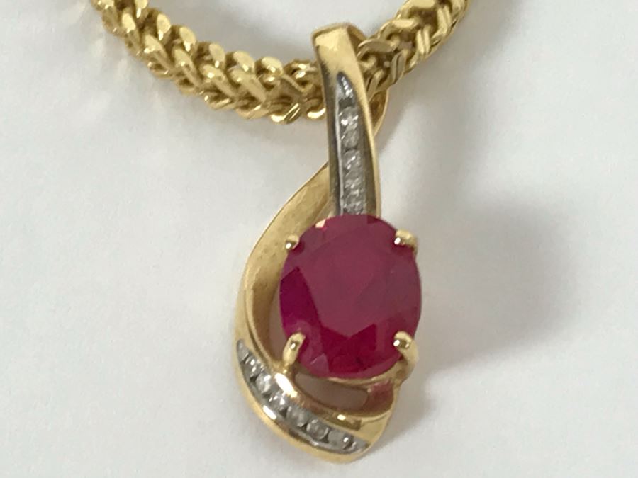 14K Yellow Gold Chain With 14K Yellow Gold Synthetic Ruby And Diamonds Pendant 10.5g [Photo 10]