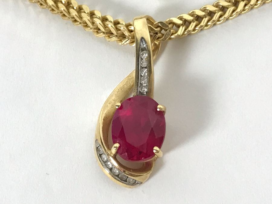 14K Yellow Gold Chain With 14K Yellow Gold Synthetic Ruby And Diamonds Pendant 10.5g [Photo 7]