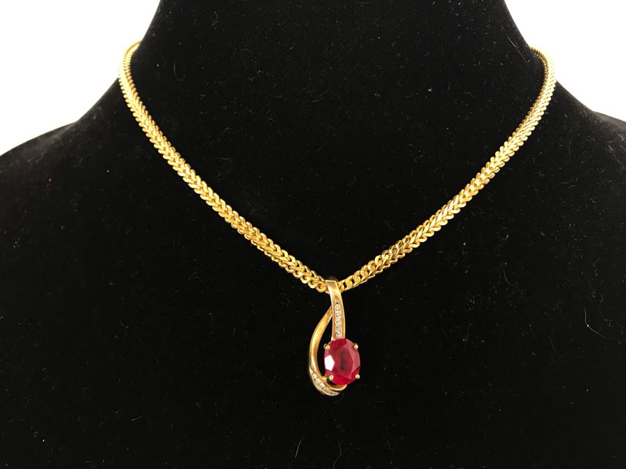 14K Yellow Gold Chain With 14K Yellow Gold Synthetic Ruby And Diamonds Pendant 10.5g [Photo 2]