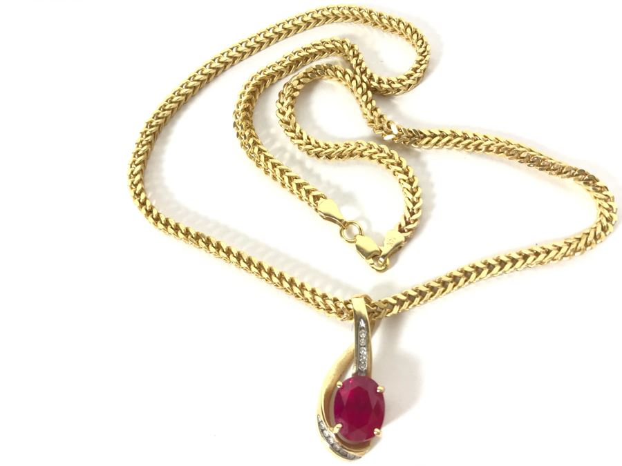 14K Yellow Gold Chain With 14K Yellow Gold Synthetic Ruby And Diamonds Pendant 10.5g [Photo 4]