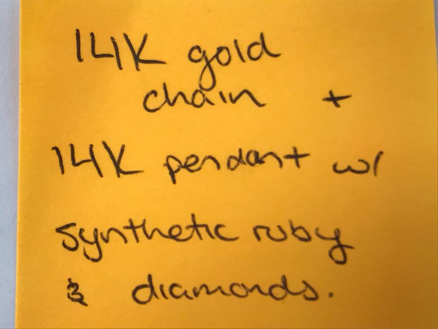 14K Yellow Gold Chain With 14K Yellow Gold Synthetic Ruby And Diamonds Pendant 10.5g [Photo 12]