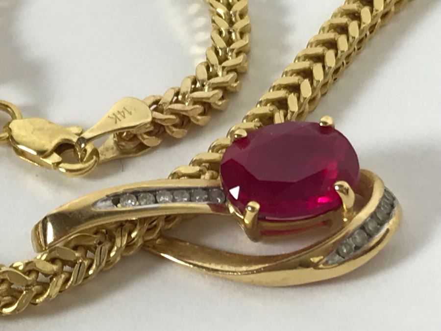 14K Yellow Gold Chain With 14K Yellow Gold Synthetic Ruby And Diamonds Pendant 10.5g [Photo 8]