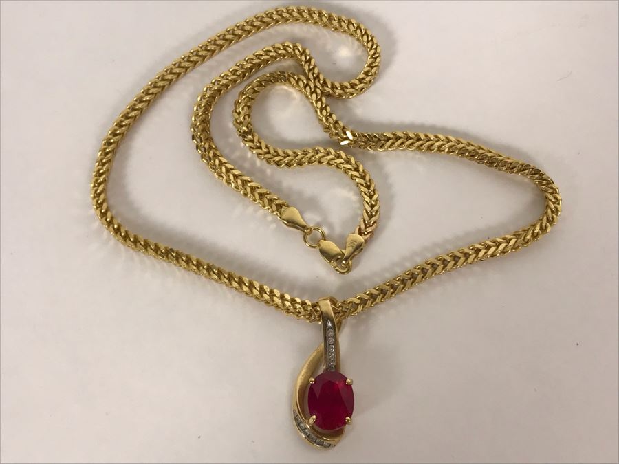 14K Yellow Gold Chain With 14K Yellow Gold Synthetic Ruby And Diamonds Pendant 10.5g [Photo 5]