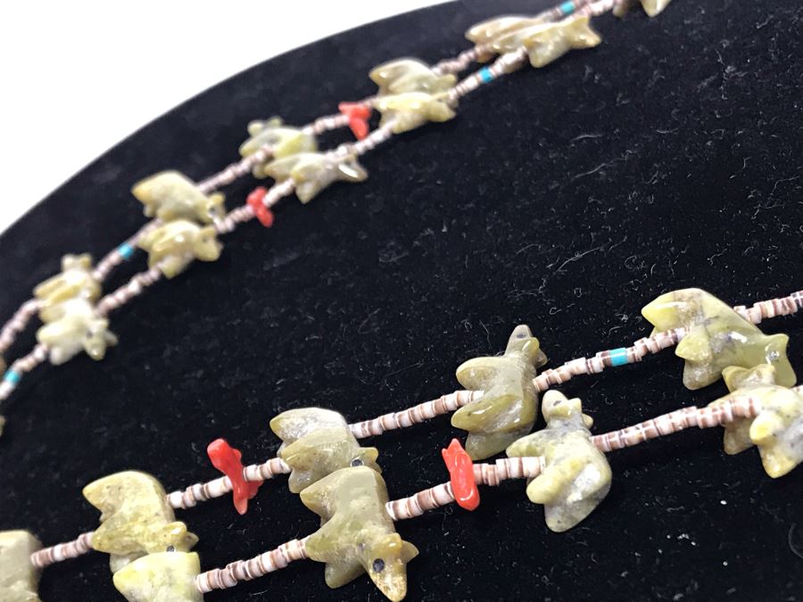Double Strand Carved Stone Bears, Coral, Turquoise And Shell Necklace [Photo 5]