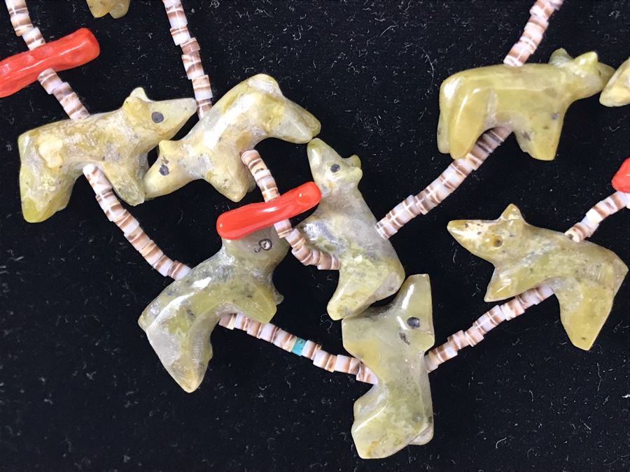 Double Strand Carved Stone Bears, Coral, Turquoise And Shell Necklace [Photo 2]