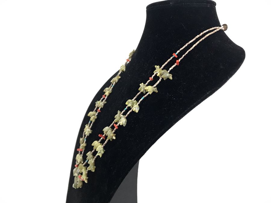 Double Strand Carved Stone Bears, Coral, Turquoise And Shell Necklace [Photo 6]