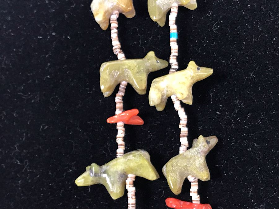 Double Strand Carved Stone Bears, Coral, Turquoise And Shell Necklace [Photo 4]