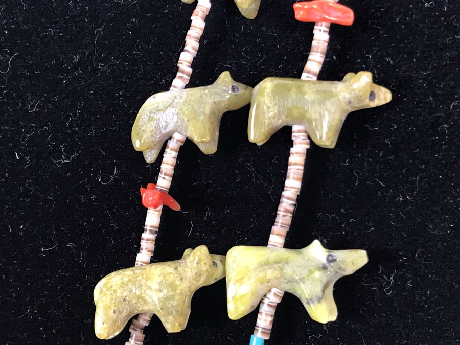 Double Strand Carved Stone Bears, Coral, Turquoise And Shell Necklace [Photo 3]
