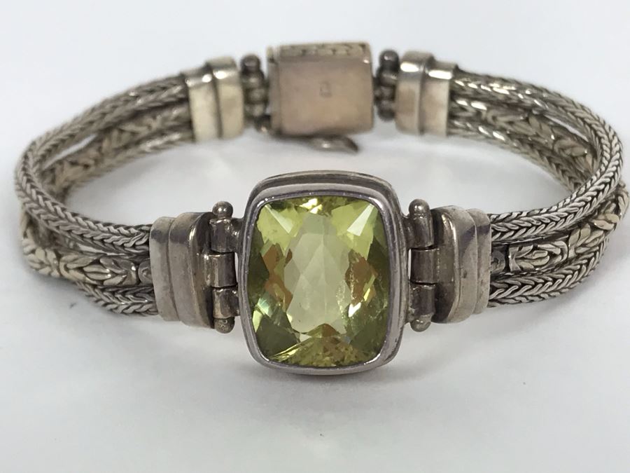 Sterling Silver Bracelet 26.2g 13mm X 11mm Green Quartz Amethyst Appraised Fair Market Value $100 [Photo 1]