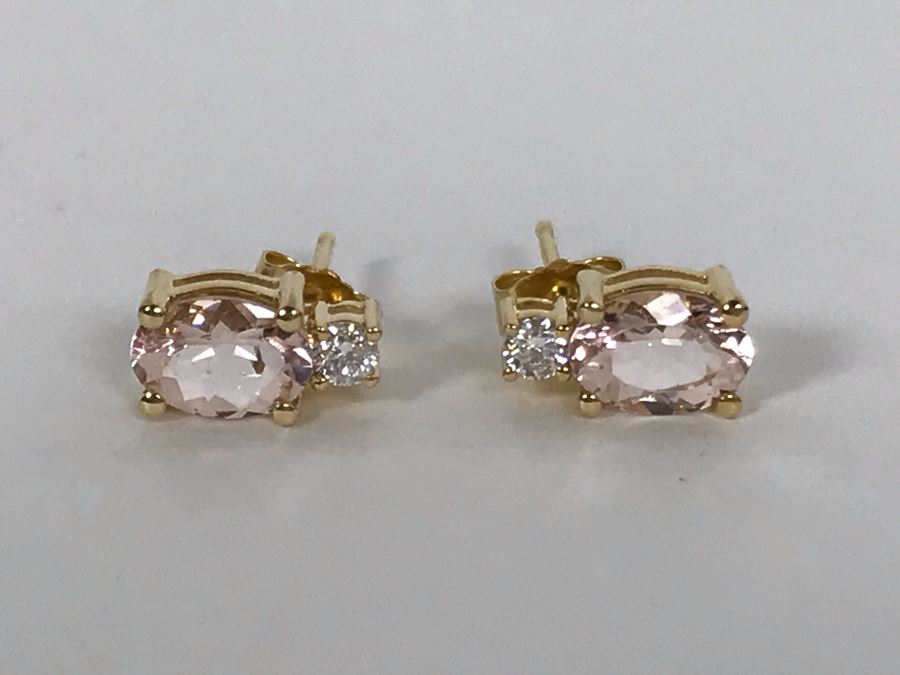 14K Yellow Gold Morganite And Diamond Earrings 1.8g Appraised Fair Market Value $100 [Photo 2]