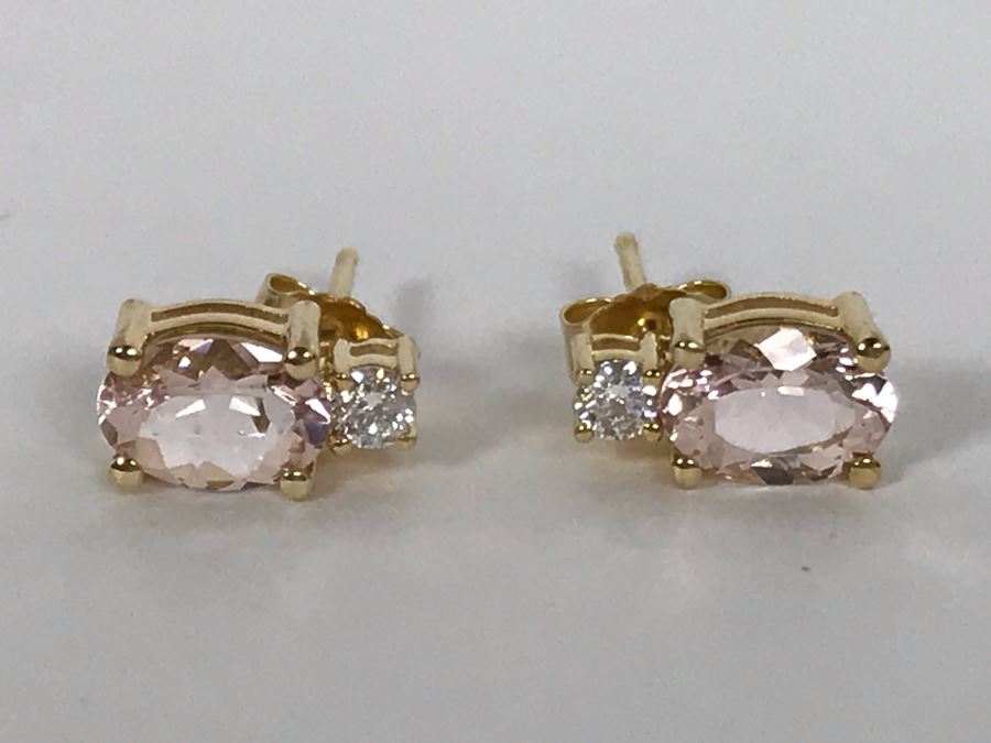 14K Yellow Gold Morganite And Diamond Earrings 1.8g Appraised Fair Market Value $100 [Photo 3]
