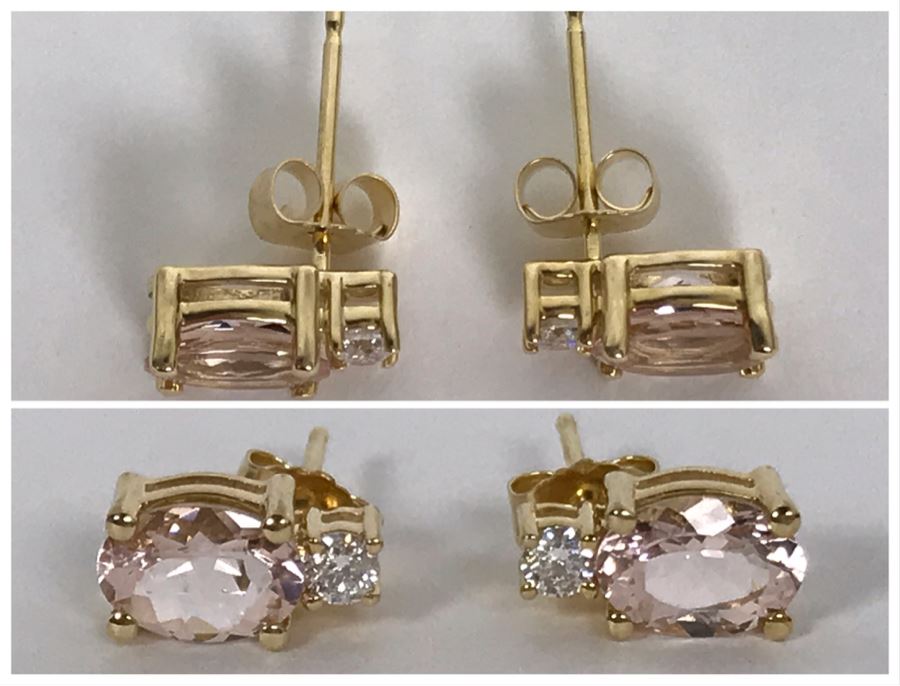 14K Yellow Gold Morganite And Diamond Earrings 1.8g Appraised Fair Market Value $100 [Photo 1]