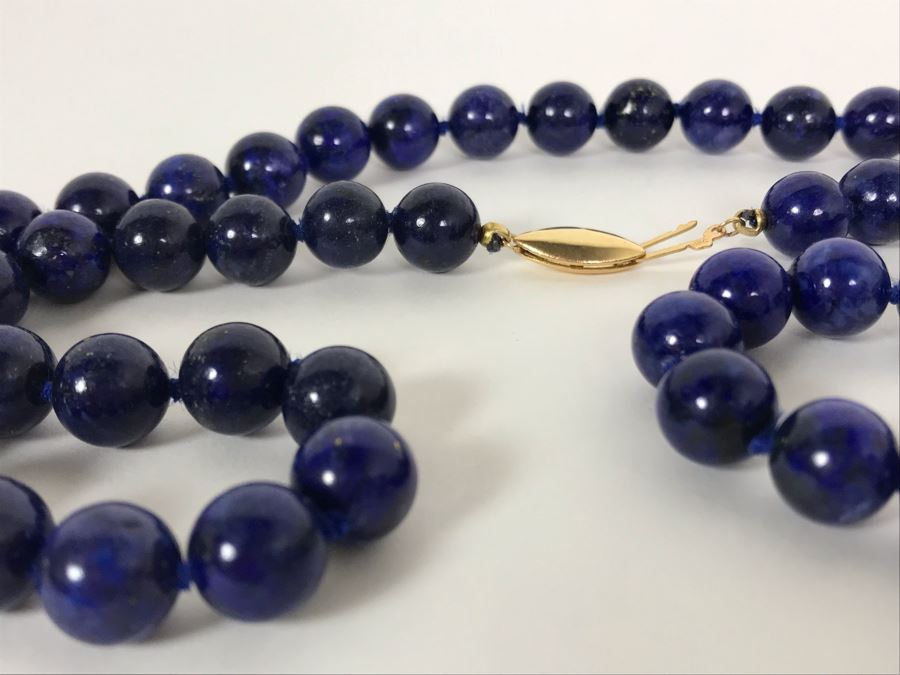 Lapis Lazuli Bead Necklace With 14K Yellow Gold Clasp 9.5mm Beads 69 Total Beads 28'L [Photo 8]