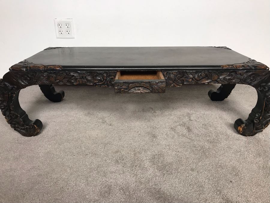 Vintage Chinese Carved Wooden Bench With Drawer 46W X 17D X 13H [Photo 14]