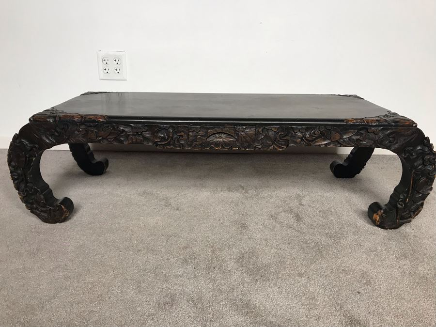 Vintage Chinese Carved Wooden Bench With Drawer 46W X 17D X 13H [Photo 2]