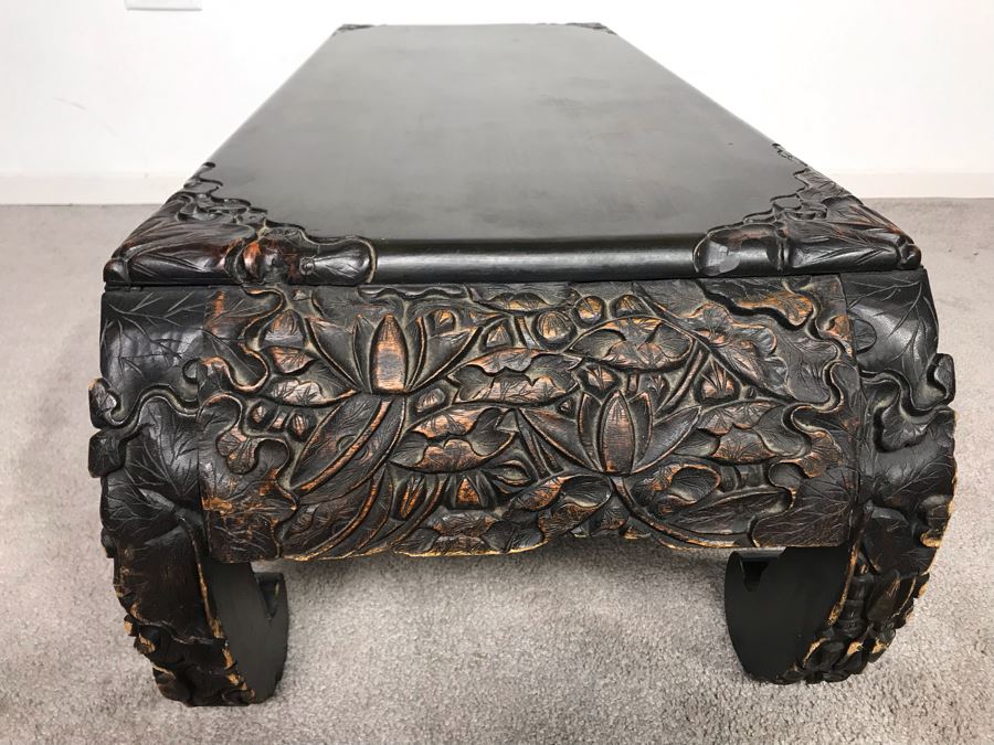 Vintage Chinese Carved Wooden Bench With Drawer 46W X 17D X 13H [Photo 8]