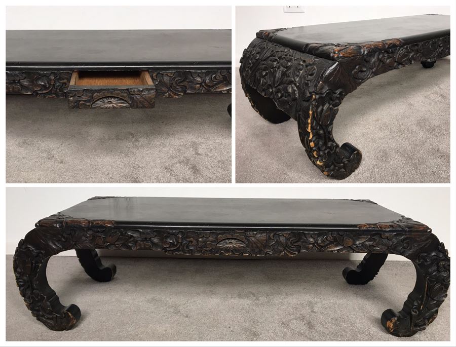 Vintage Chinese Carved Wooden Bench With Drawer 46W X 17D X 13H