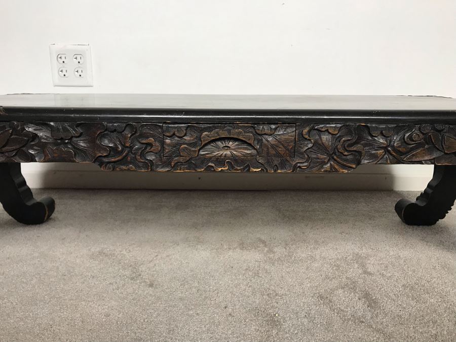 Vintage Chinese Carved Wooden Bench With Drawer 46W X 17D X 13H [Photo 11]