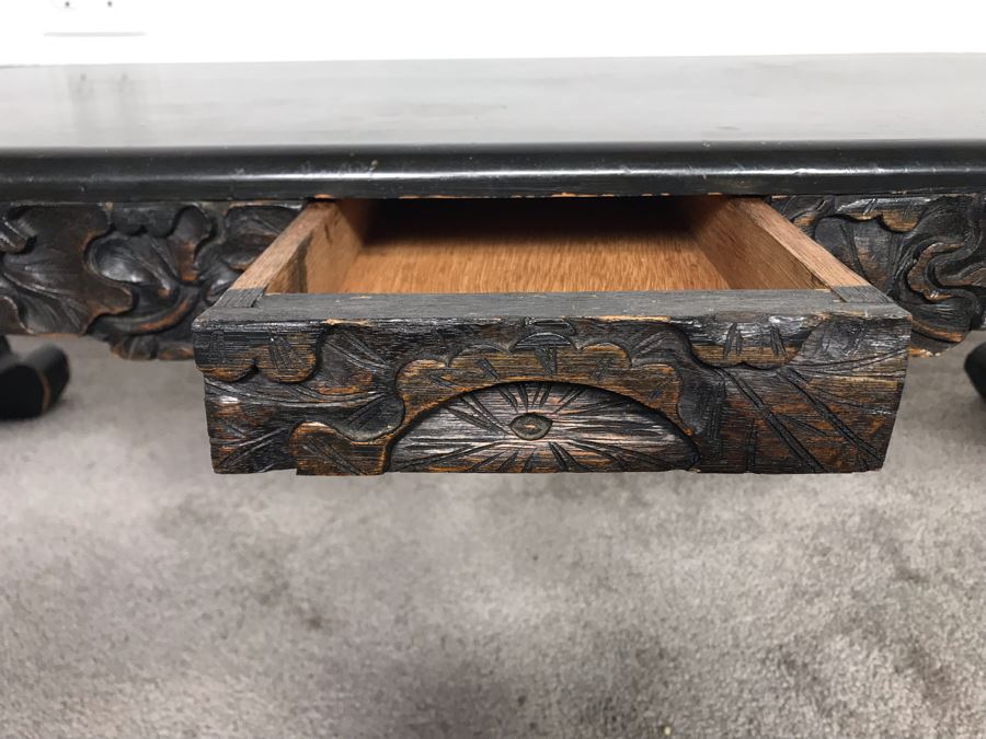 Vintage Chinese Carved Wooden Bench With Drawer 46W X 17D X 13H [Photo 15]
