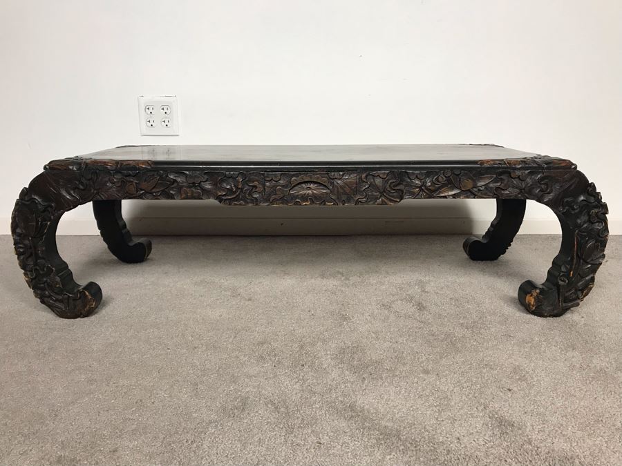 Vintage Chinese Carved Wooden Bench With Drawer 46W X 17D X 13H [Photo 3]