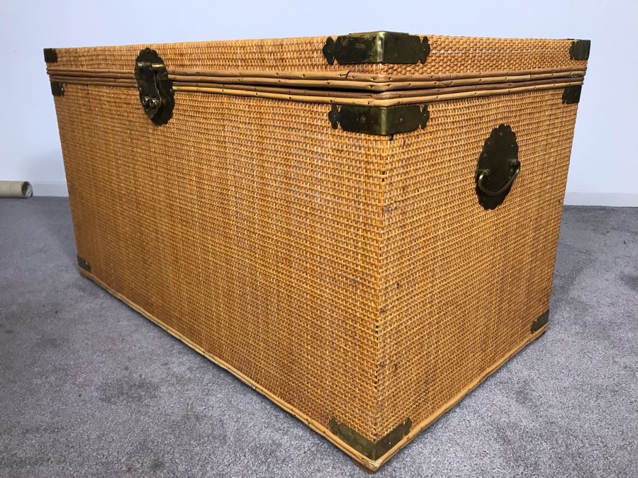 Vintage Asian Wicker Trunk Coffee Table With Chased Brass Hardware 36W X 20D X 21H [Photo 7]