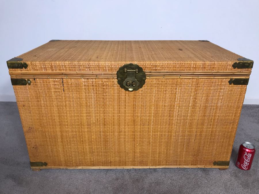 Vintage Asian Wicker Trunk Coffee Table With Chased Brass Hardware 36W X 20D X 21H [Photo 2]
