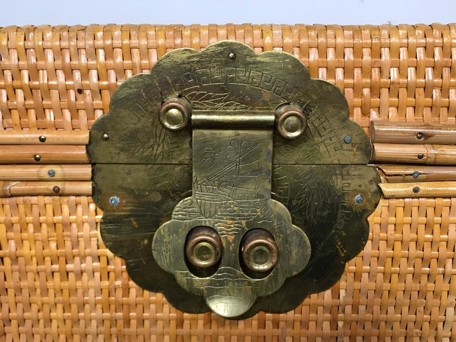 Vintage Asian Wicker Trunk Coffee Table With Chased Brass Hardware 36W X 20D X 21H [Photo 4]