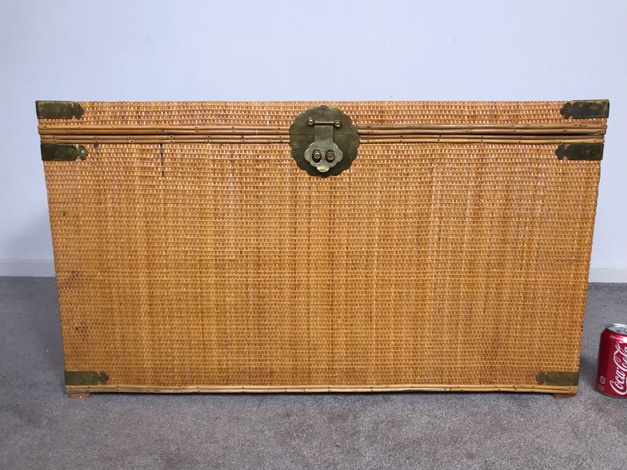 Vintage Asian Wicker Trunk Coffee Table With Chased Brass Hardware 36W X 20D X 21H [Photo 3]
