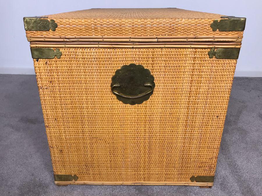 Vintage Asian Wicker Trunk Coffee Table With Chased Brass Hardware 36W X 20D X 21H [Photo 8]