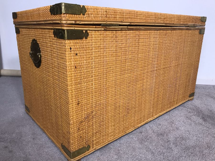 Vintage Asian Wicker Trunk Coffee Table With Chased Brass Hardware 36W X 20D X 21H [Photo 11]