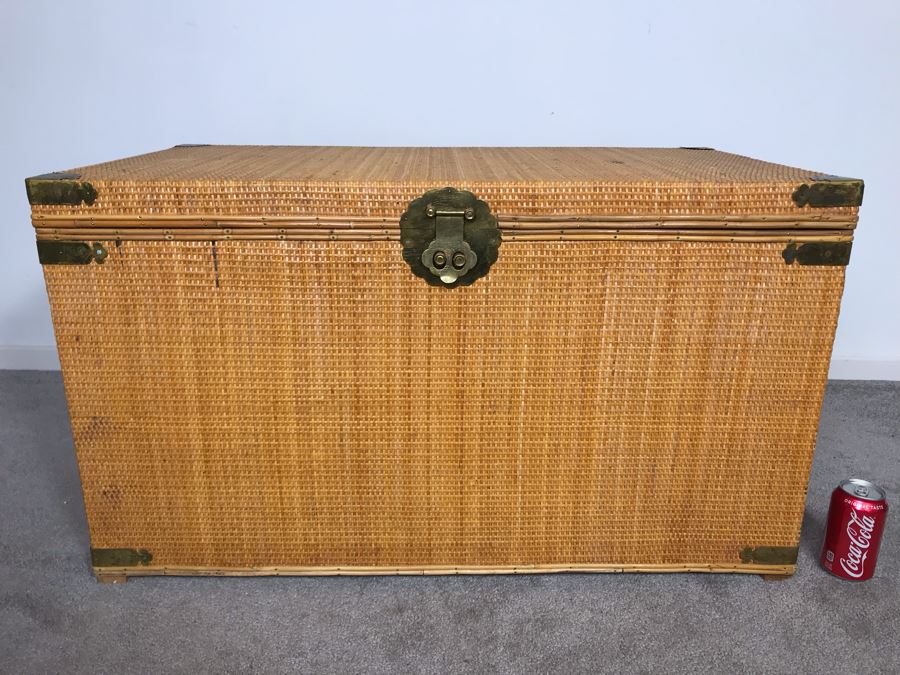 Vintage Asian Wicker Trunk Coffee Table With Chased Brass Hardware 36W X 20D X 21H
