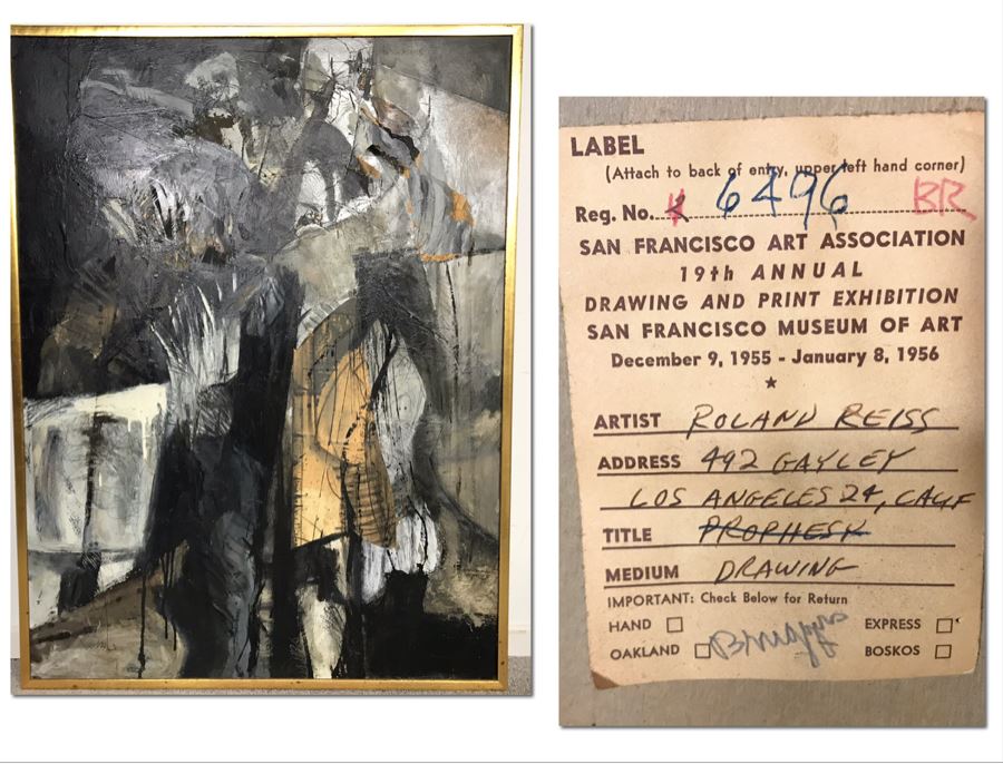 Original 1955 Mid-Century Roland Reiss Abstract Painting Titled 'Prophesy' Entered Into The San Francisco Art Association Annual Drawing And Print Exhibition San Francisco Museum Of Art 30W X 40H [Photo 1]