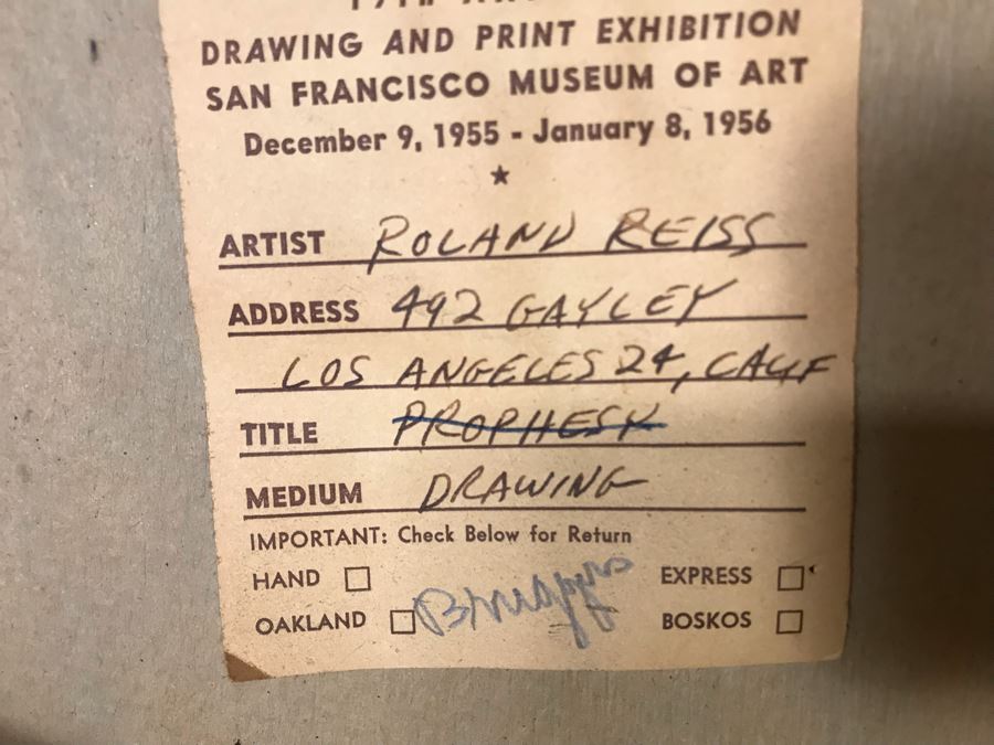 Original 1955 Mid-Century Roland Reiss Abstract Painting Titled 'Prophesy' Entered Into The San Francisco Art Association Annual Drawing And Print Exhibition San Francisco Museum Of Art 30W X 40H [Photo 20]
