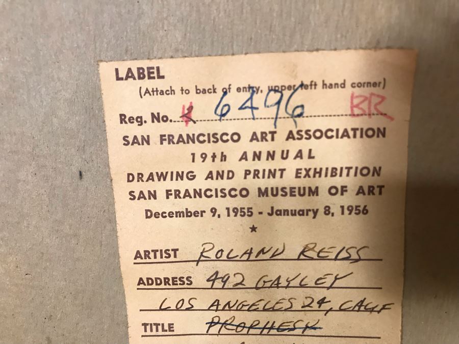 Original 1955 Mid-Century Roland Reiss Abstract Painting Titled 'Prophesy' Entered Into The San Francisco Art Association Annual Drawing And Print Exhibition San Francisco Museum Of Art 30W X 40H [Photo 19]