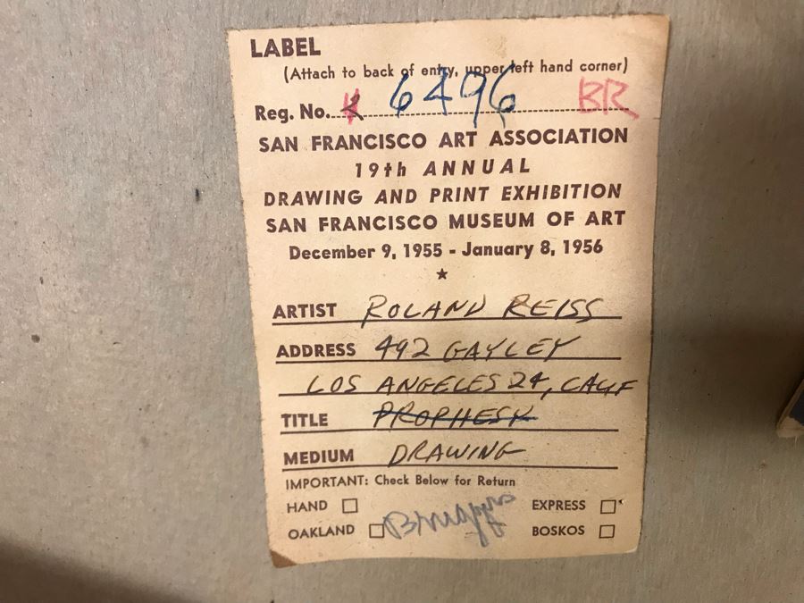 Original 1955 Mid-Century Roland Reiss Abstract Painting Titled 'Prophesy' Entered Into The San Francisco Art Association Annual Drawing And Print Exhibition San Francisco Museum Of Art 30W X 40H [Photo 18]