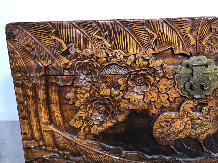 Relied Carved Chinese Trunk Floral Bird Motif By Hip Hing & Co [Photo 4]