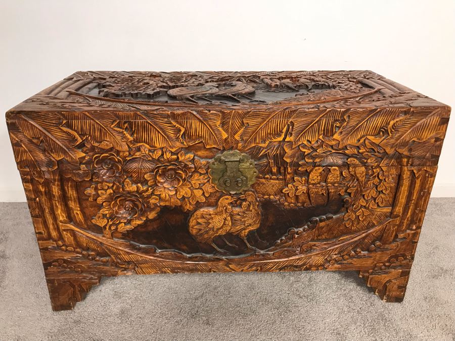 Relied Carved Chinese Trunk Floral Bird Motif By Hip Hing & Co