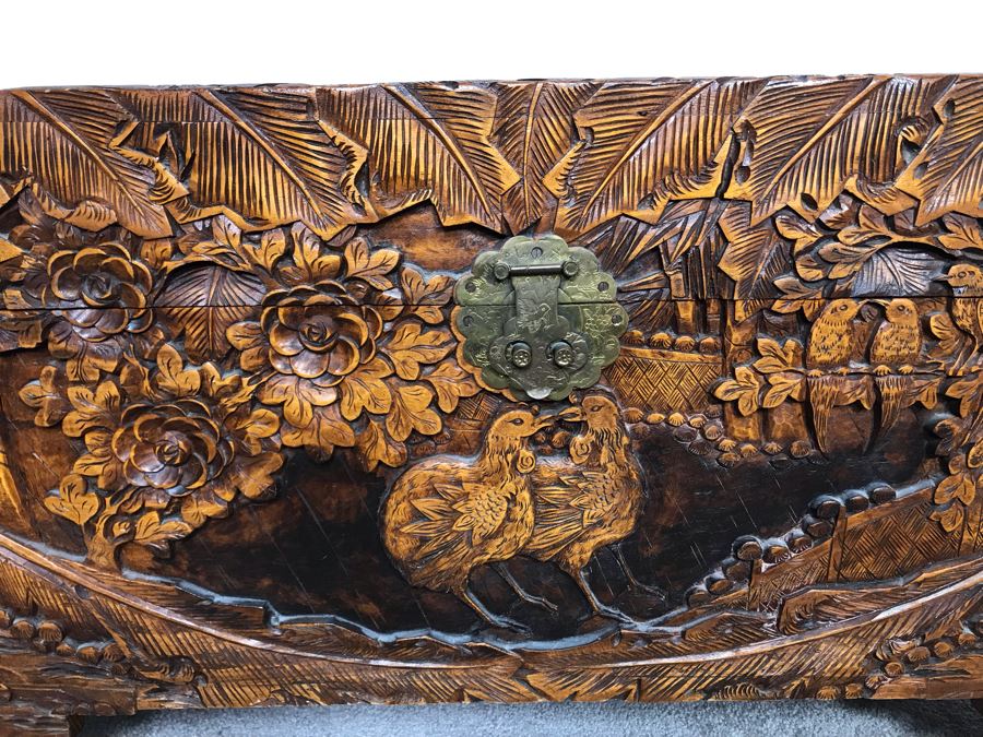 Relied Carved Chinese Trunk Floral Bird Motif By Hip Hing & Co [Photo 3]
