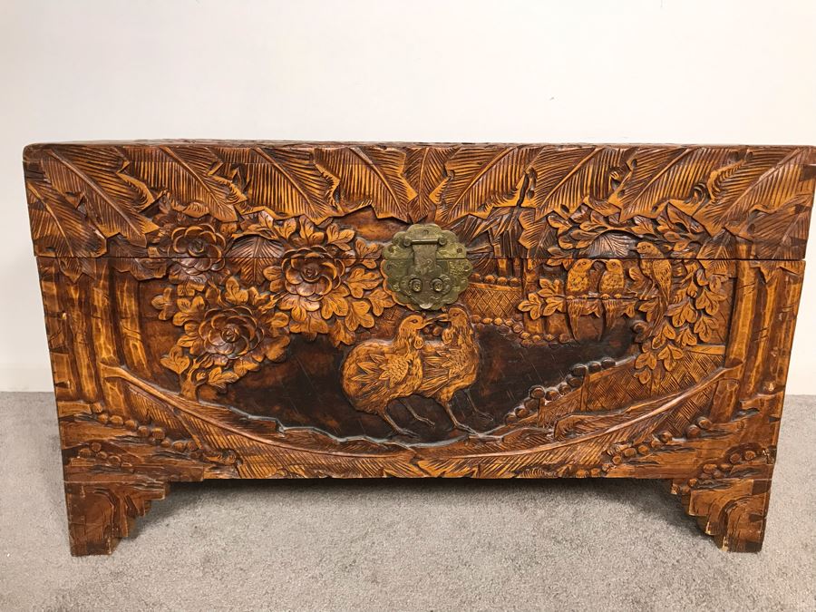 Relied Carved Chinese Trunk Floral Bird Motif By Hip Hing & Co [Photo 2]