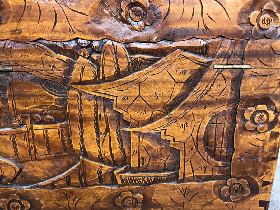 Relied Carved Chinese Trunk Floral Bird Motif By Hip Hing & Co [Photo 13]