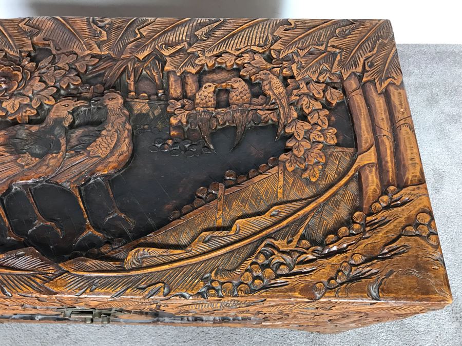 Relied Carved Chinese Trunk Floral Bird Motif By Hip Hing & Co [Photo 6]