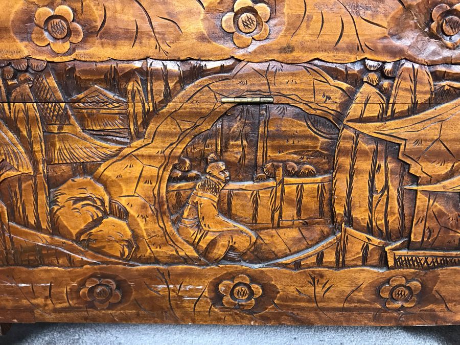 Relied Carved Chinese Trunk Floral Bird Motif By Hip Hing & Co [Photo 12]