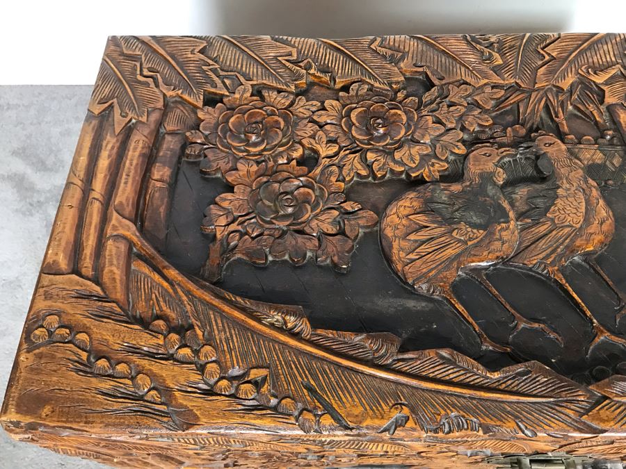 Relied Carved Chinese Trunk Floral Bird Motif By Hip Hing & Co [Photo 7]