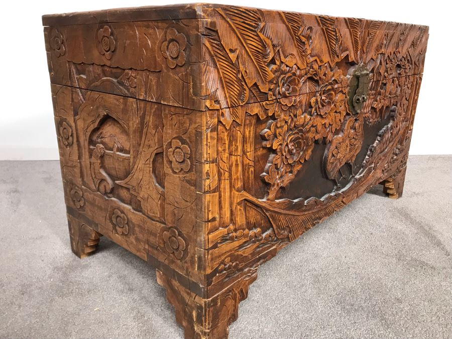 Relied Carved Chinese Trunk Floral Bird Motif By Hip Hing & Co [Photo 9]