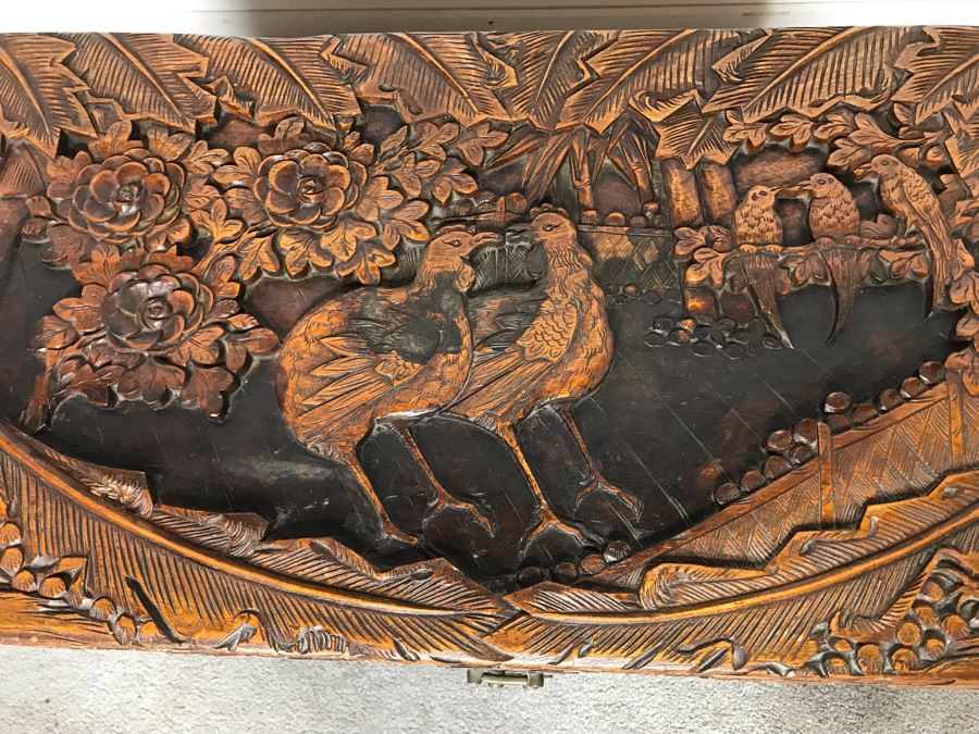 Relied Carved Chinese Trunk Floral Bird Motif By Hip Hing & Co [Photo 5]
