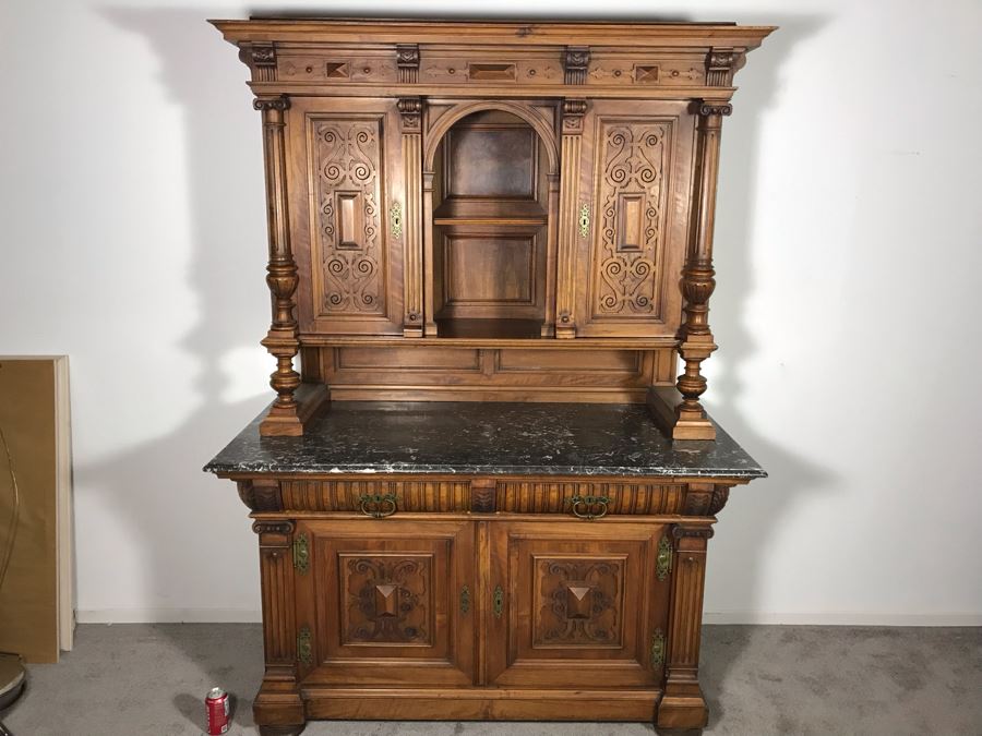 Stunning Antique Carved Wooden Cabinet With Large Marble Top And Hutch From La Jolla Estate (Can Be Used Without Hutch - See Photos) Hutch 58W X 21D X 46H / Cabinet 60W X 28D X 34H (JUST ADDED) [Photo 3]