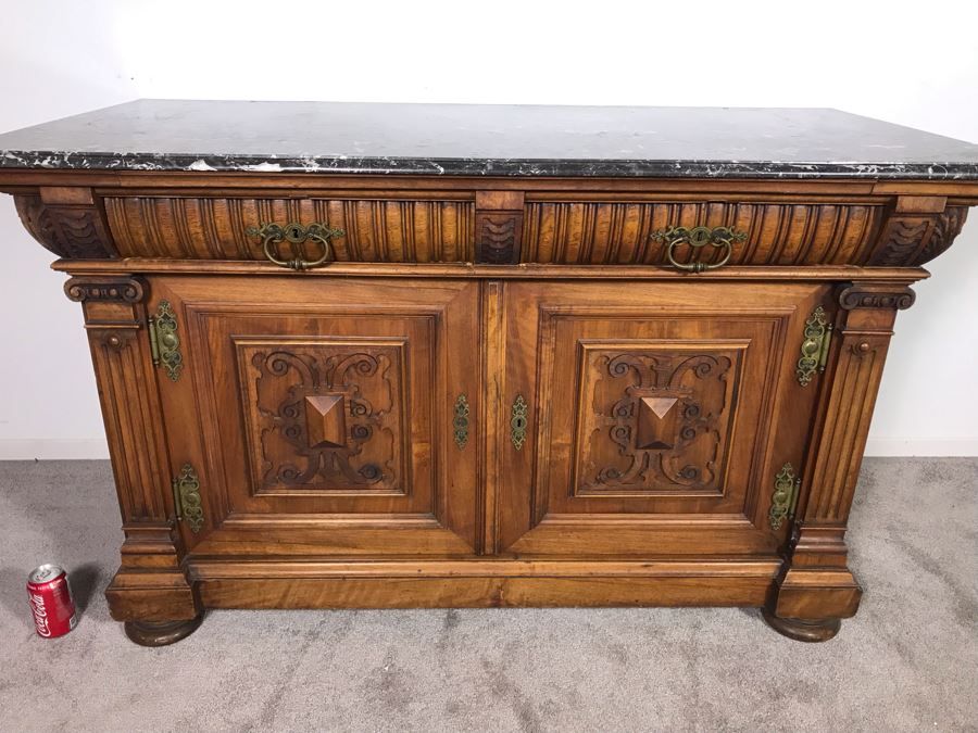 Stunning Antique Carved Wooden Cabinet With Large Marble Top And Hutch From La Jolla Estate (Can Be Used Without Hutch - See Photos) Hutch 58W X 21D X 46H / Cabinet 60W X 28D X 34H (JUST ADDED) [Photo 7]
