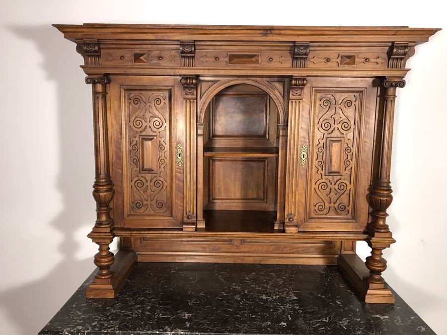 Stunning Antique Carved Wooden Cabinet With Large Marble Top And Hutch From La Jolla Estate (Can Be Used Without Hutch - See Photos) Hutch 58W X 21D X 46H / Cabinet 60W X 28D X 34H (JUST ADDED) [Photo 5]